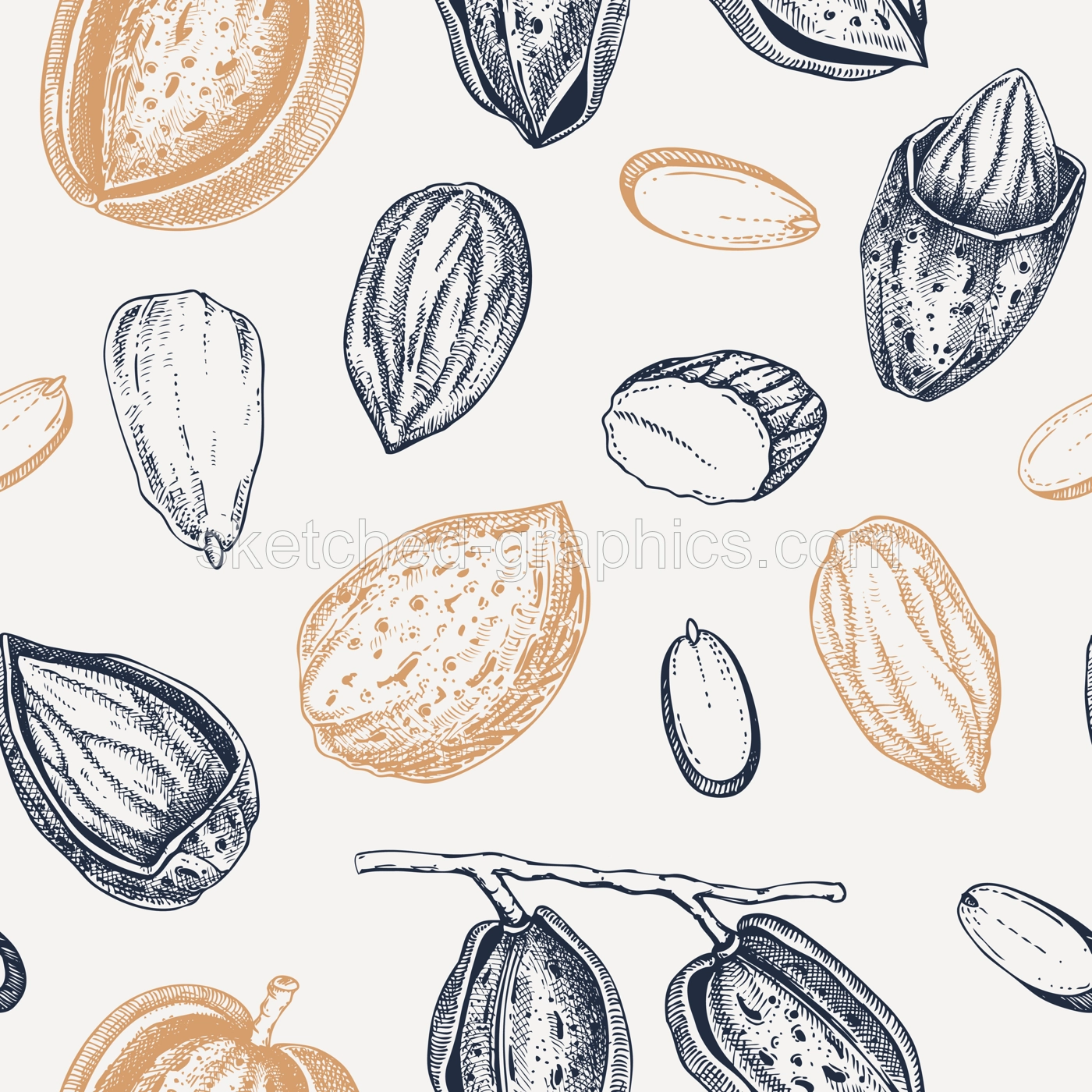 Almond sketched background. Nuts seamless pattern. Vintage branches with nuts, nutshells, almond slices sketches. Hand drawn vector illustration. Healthy food, vegan ingredients, packaging design Illustration
